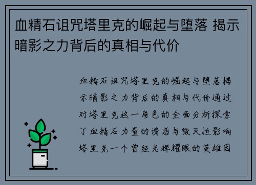 血精石诅咒塔里克的崛起与堕落 揭示暗影之力背后的真相与代价