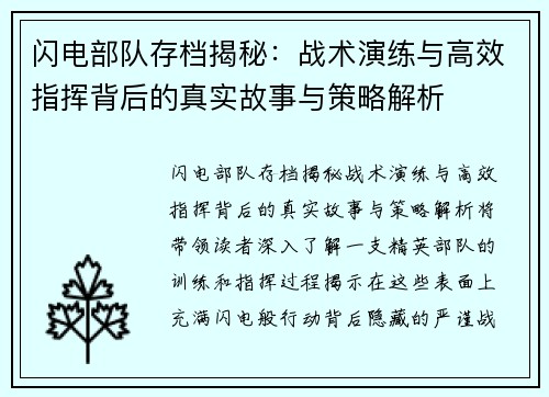 闪电部队存档揭秘：战术演练与高效指挥背后的真实故事与策略解析